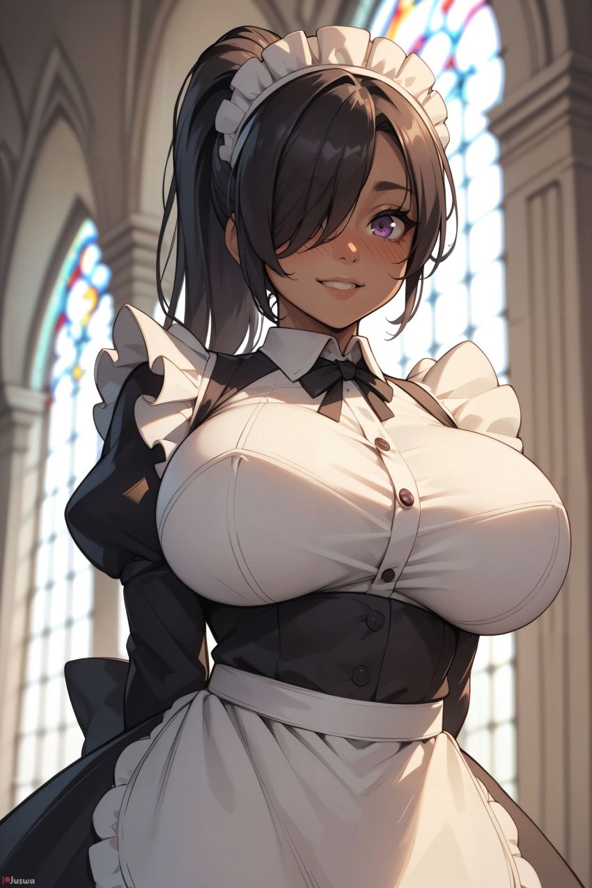 ai_generated apron arms_behind_back bangs black_bow black_hair blush bow breasts dark-skinned_female dark_skin dress female frills hair_over_one_eye indoors juliet_sleeves juswa large_breasts long_hair long_sleeves looking_at_viewer maid maid_headdress parted_lips ponytail puffy_sleeves purple_eyes smile solo stained_glass underbust waist_apron white_apron