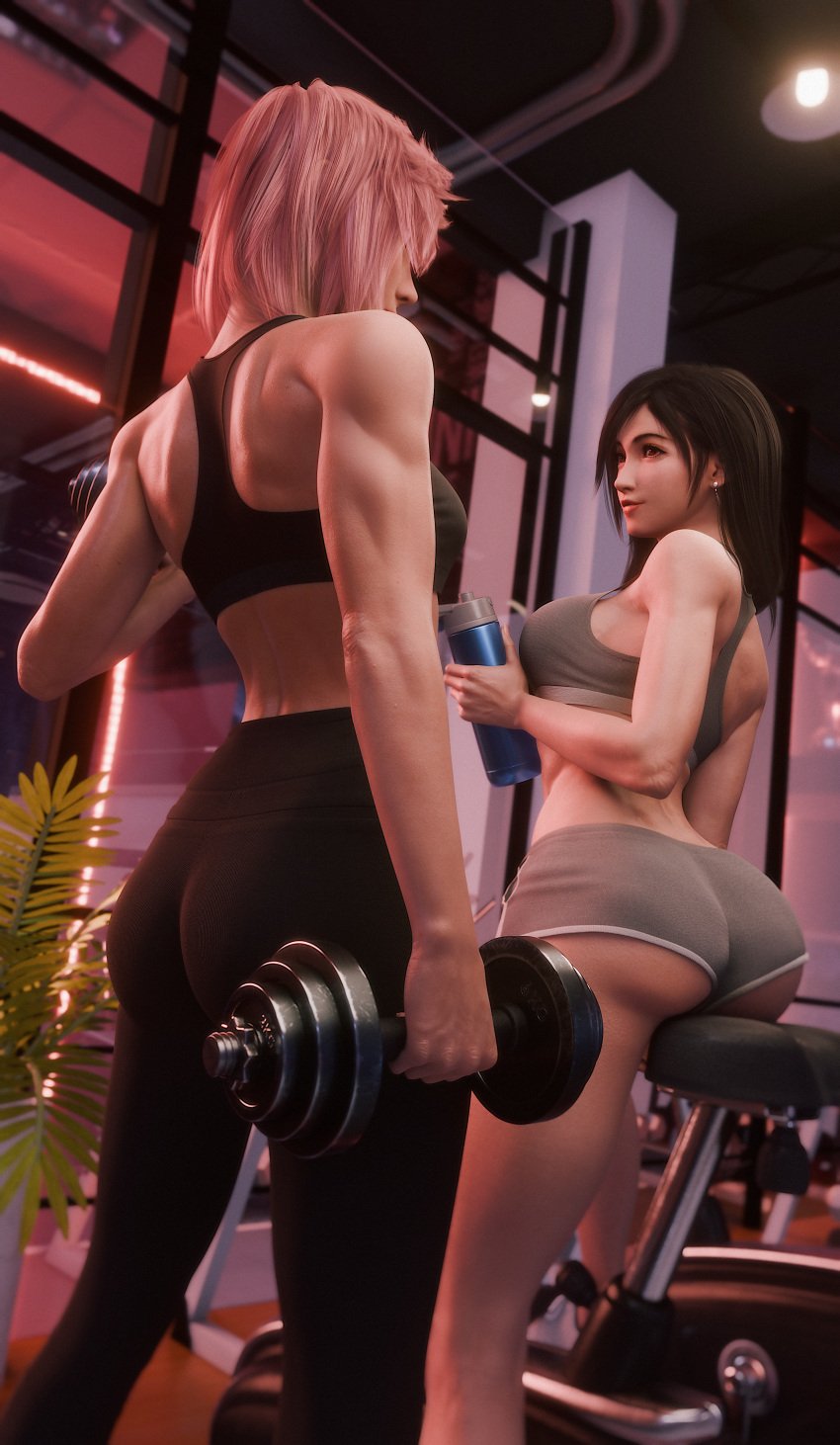 2girls 3d ass athletic_female black_hair blender crossover dolphin_shorts dumbbell earrings eclair_farron female female_only final_fantasy final_fantasy_vii final_fantasy_vii_remake final_fantasy_xiii fit_female gym highres indoors large_breasts leggings light_smile long_hair looking_at_another medium_hair muscular_female pink_hair ria-neearts short_shorts sports_bra square_enix thighs tifa_lockhart water_bottle workout yoga_pants