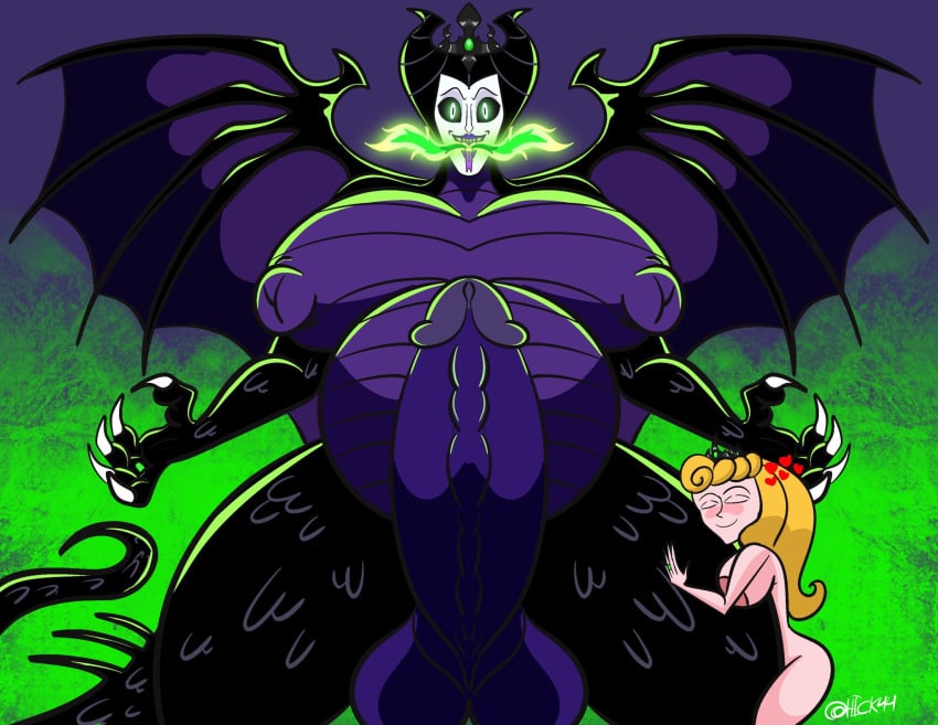 1futa 1girls aurora_(sleeping_beauty) belly big_belly big_breasts breasts disney disney_princess disney_villains erection female female_focus futa_on_female futanari hick44 light-skinned_female light_skin maleficent nipples penis size_difference sleeping_beauty_(1959_film) standing wings