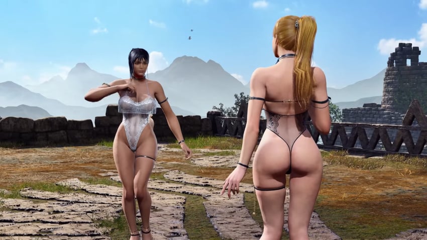 2girls 3d ass azucena_milagros_ortiz_castillo bandai_namco blonde_hair brown_hair dark-skinned_female dark_skin earrings emilie_de_rochefort female female_only flower_in_hair green_eyes hair_ornament huge_ass latin medium_hair mod namco peruvian peruvian_female pose seductive standing tekken tekken_8 thick_thighs video_game_character wide_hips