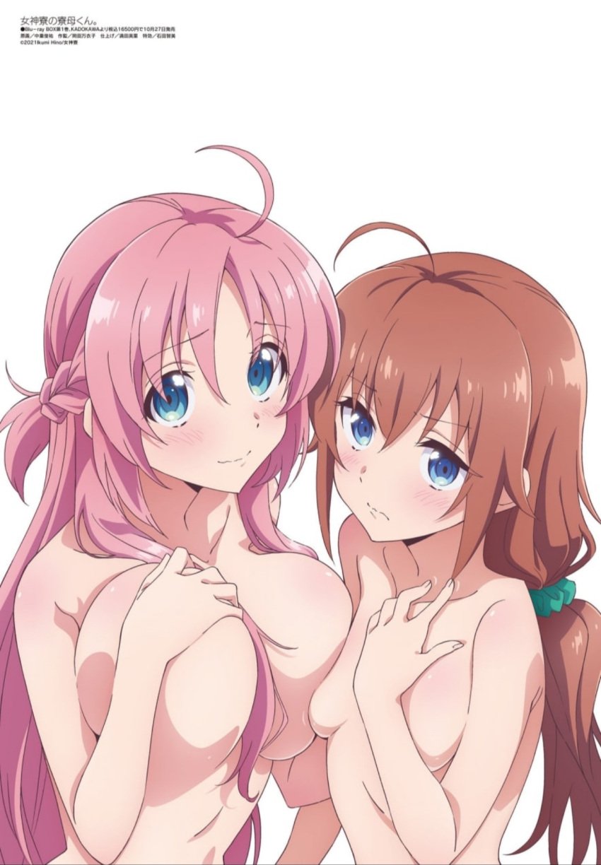 ahoge asymmetrical_docking bare_arms bare_belly bare_shoulders big_breasts blue_eyes blush braid breast_hold breast_press breasts breasts_pressed_together brown_hair closed_mouth collarbone completely_nude hair_ornament hair_scrunchie hand_on_breast hand_on_own_chest kouroya_sutea long_hair megami-ryou_no_ryoubo-kun megami_magazine naked official_art pink_hair saotome_atena small_breasts smile upper_body