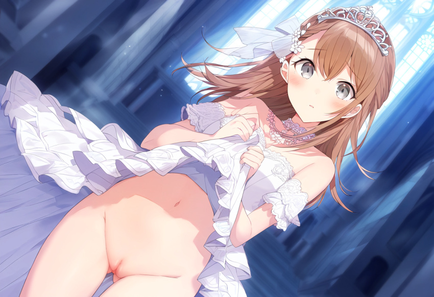 1girls ai_generated ass belly belly_button blush breasts bride dress dress_lift exposed_pussy female ginger ginger_hair gray_eyes hair_ornament hanasato_minori high_resolution highres looking_at_viewer medium_breasts naked navel nipples partially_clothed pov project_sekai pussy solo solo_female solo_focus thighs tummy wedding_dress