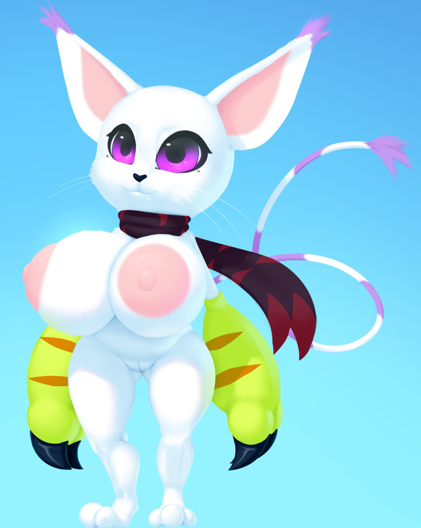 anthro areola bandai_namco big_areola big_breasts breasts claw_(weapon) dibujosv12 digimon digimon_(species) female gatomon genitals hi_res melee_weapon nude paws purple_eyes pussy scarf short_stack simple_background solo weapon