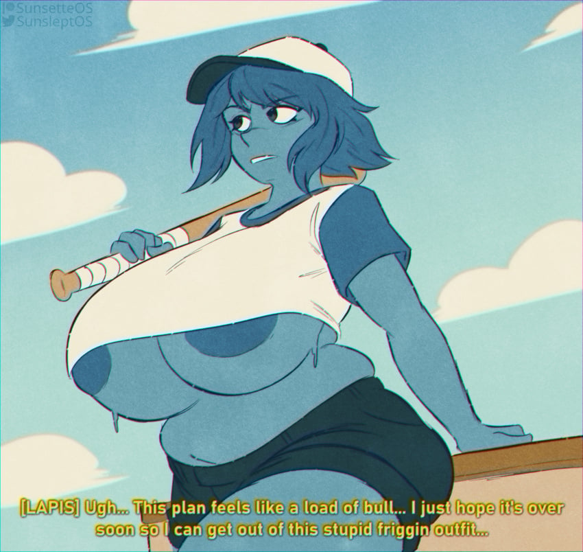 1girls baseball_bat baseball_cap baseball_uniform big_breasts blue_hair blue_skin breasts cartoon_network chubby female gem_(species) huge_breasts lapis_lazuli_(bob) lapis_lazuli_(steven_universe) nipples solo steven_universe sunsleptos thick_thighs underboob