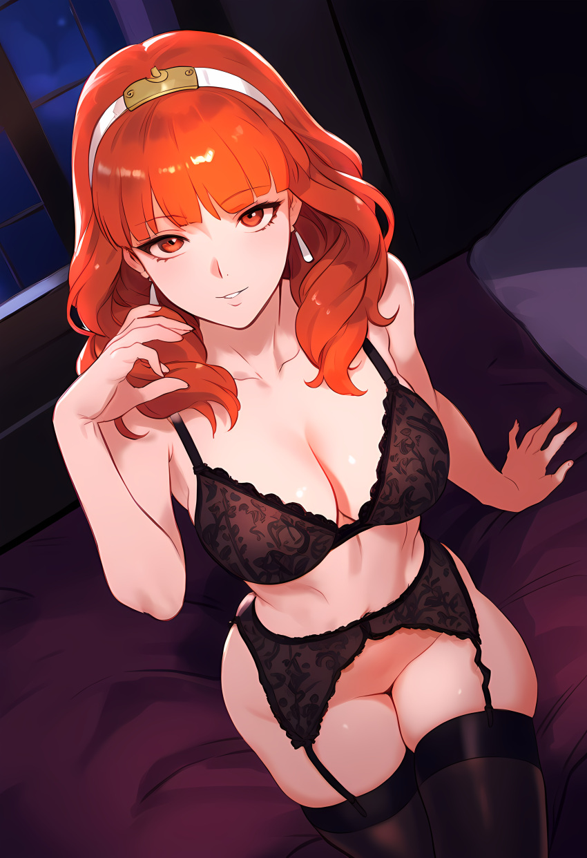 1girls 2d ai_generated ai_hands bed bed_sheet bedroom black_bra black_garter_belt black_garter_straps black_legwear black_lingerie black_stockings black_thighhighs bra celica_(fire_emblem) dark_room detailed_background dutch_angle earrings female female_only fire_emblem fire_emblem_echoes:_shadows_of_valentia garter_belt garter_straps headwear indoors jewelry large_breasts light-skinned_female light_skin lingerie lingerie_only looking_up night night_sky no no_panties ntsart nylons orange_eyes pillow princess red_blanket red_hair royalty sitting sitting_on_bed sky smiling solo stockings teenage_girl teenager thigh_squish thighhighs wall white_pillow window