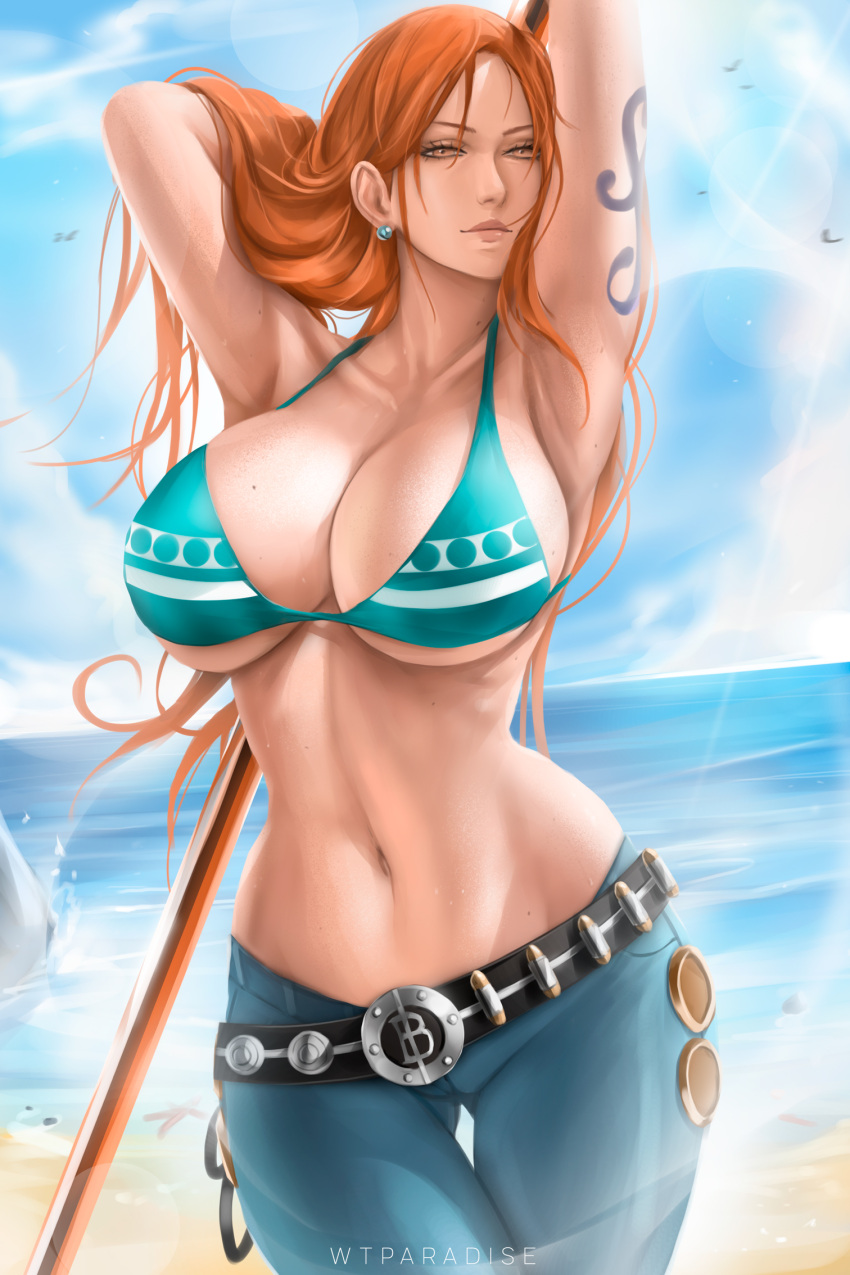 1girls beach belt bikini breasts clouds earrings female female_only green_bikini green_swimsuit jeans large_breasts long_hair looking_at_viewer midriff mole mole_on_breast nami navel ocean one_piece orange_eyes orange_hair outside polearm post-timeskip sky striped_bikini swimsuit tattoo tattoo_on_arm water wtparadise