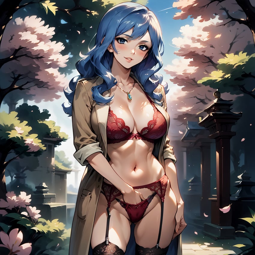 ai_generated coat exhibitionism fairy_tail garter_belt garter_straps hand_in_own_panties hand_in_panties juvia_lockser large_breasts lingerie masturbation payop pony_diffusion_xl solo stockings