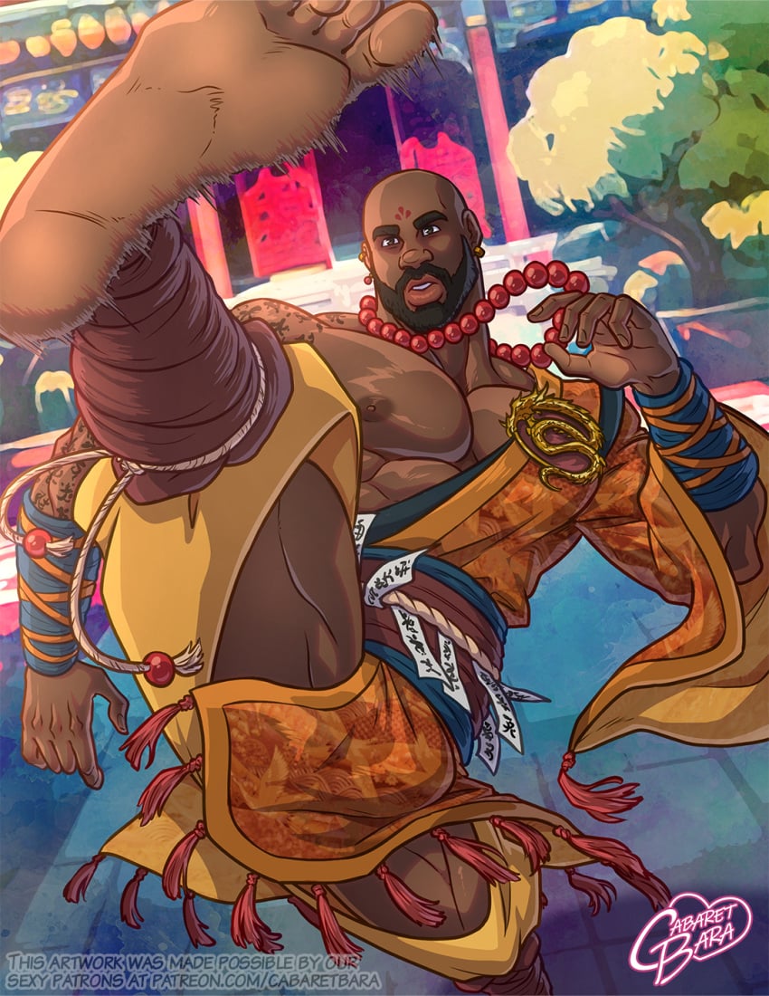 african african_male bulge cabaret_bara cabaret_bara_series cosplay dark-skinned_male dark_skin darryl_(cabaret_bara) dungeons_&_dragons_at_cabaret_bara feet kicking male male_only martial_arts melanin monk muscles muscular muscular_male pecs posing temple twitter_user_oc