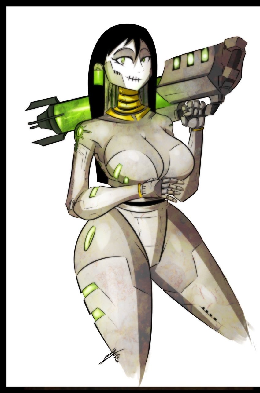 1girls alien alien_girl alien_humanoid black_hair earrings exhibitionism female glowing glowing_eyes glowing_green glowing_green_eyes glowing_markings gun high_tech long_hair metallic_body naked necron plasma_blaster plasma_gun robot robot_girl robot_humanoid servant sexualyeti soldier warhammer_(franchise) warhammer_40k weapon weapon_over_shoulder