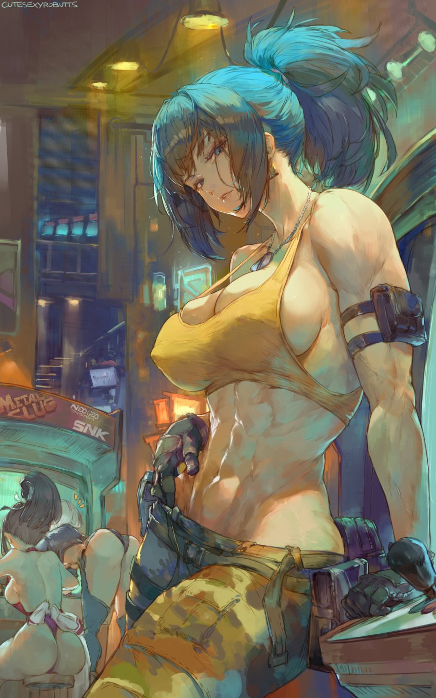 3girls abs absurd_res angel_(kof) arcade ass blue_eyes blue_hair breasts camo_clothing cleavage cutesexyrobutts dog_tags fatal_fury female female_abs female_only fit_female gloves king_of_fighters large_breasts leona_heidern long_hair looking_at_viewer mai_shiranui metal_slug multiple_girls muscular muscular_arms muscular_female ponytail sideboob snk tank_top