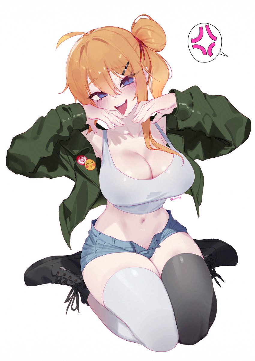 ahoge alternate_version_available blue_eyes cleavage cropped_shirt eonsang female girls'_frontline green_jacket jacket kalina_(girls'_frontline) orange_hair shoes short_shorts shorts side_ponytail thighhighs tongue_out