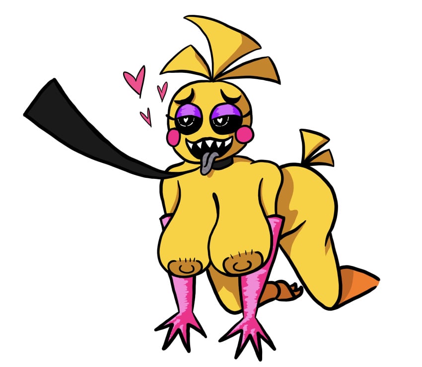 animatronic animatronic_female dustlord female_focus female_only five_nights_at_freddy&#039;s five_nights_at_freddy&#039;s_2 heart-shaped_pupils huge_breasts leash metal_tongue redraw tongue_out toy_chica_(fnaf) toy_chica_(love_taste)