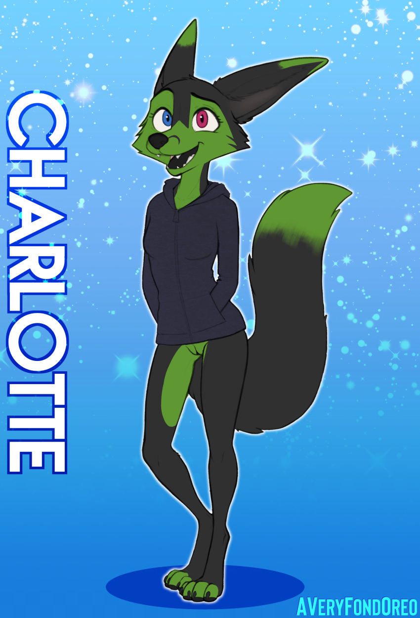 absurd_res anthro averyfondoreo black_body black_fur blue_eyes bottomless bottomless_anthro bottomless_female canid canine charlotte_(averyfondoreo) clothed clothing digital_media_(artwork) english_text female fennec_fox fox fox_ears fox_tail fur genitals green_body green_fur heterochromia hi_res hoodie hoodie_only mammal open_mouth paws pussy red_eyes shirt simple_background smile solo tail teeth text topwear topwear_only true_fox