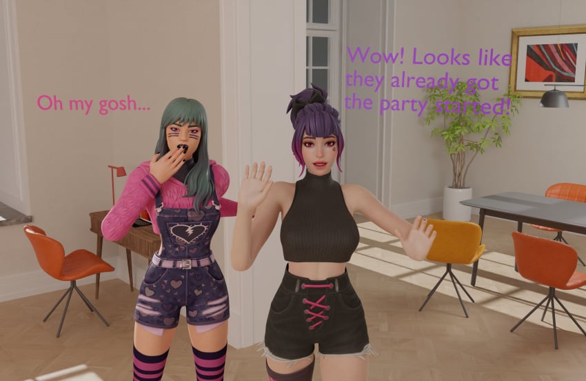 2girls 3d 3d_(artwork) blender blue_hair caught caught_in_the_act comic conversation detailed_background duo epic_games female_focus female_only fortnite fortnite:_battle_royale jean_shorts light-skinned_female loams3d overalls room shorts standing syd_(fortnite) talking text tracy_trouble_(fortnite)