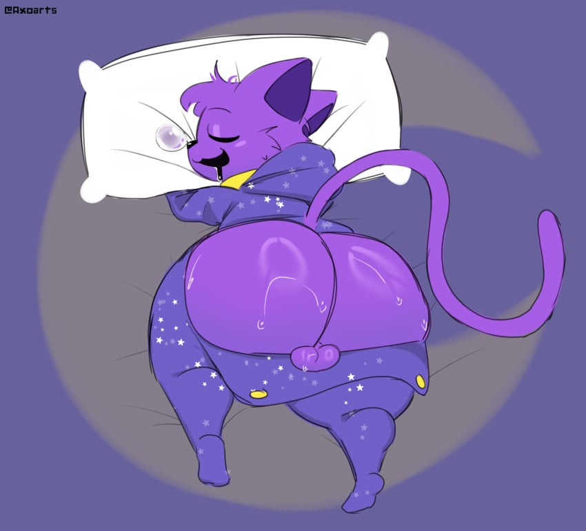 ass axoarts balls big_butt bodily_fluids bubble butt_flap catnap_(poppy_playtime) clothing critters_(poppy_playtime) domestic_cat drooling felid feline felis furry_only genitals hi_res male mammal mob_entertainment no_humans onesie pajamas pillow poppy_playtime poppy_playtime_(chapter_3) saliva signature sleeping smiling_critters snot snot_bubble solo star_clothing sweat sweaty_butt