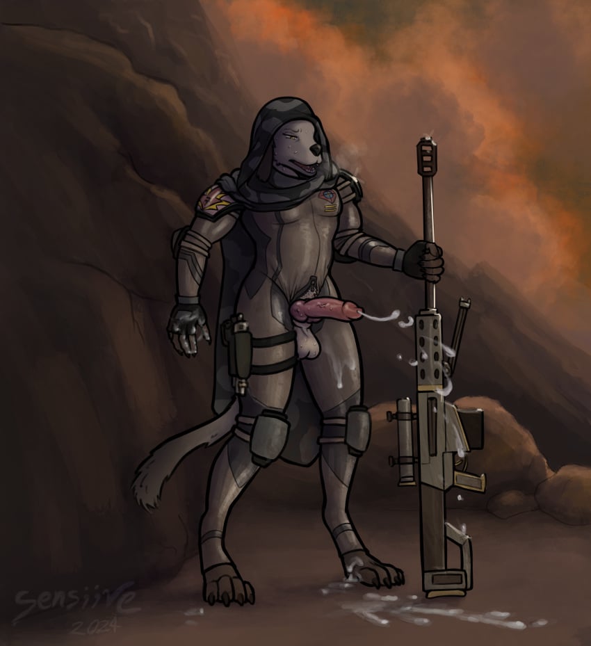 absurd_res animal_genitalia anthro armor balls bodily_fluids brown_body camo canid canine canine_genitalia canis canyon cloak clothing cum cum_on_feet cum_on_hand detailed_background digitigrade domestic_dog ejaculation erection feet genital_fluids genitals gloves gun handwear hi_res hunting_dog irish_wolfhound knee_pads male mammal military orgasm_face penis penis_poking_out precum ranged_weapon rifle sensiive shoulder_pads sighthound skinsuit sniper_rifle solo standing sunset sweat tight_clothing weapon zipper_jumpsuit