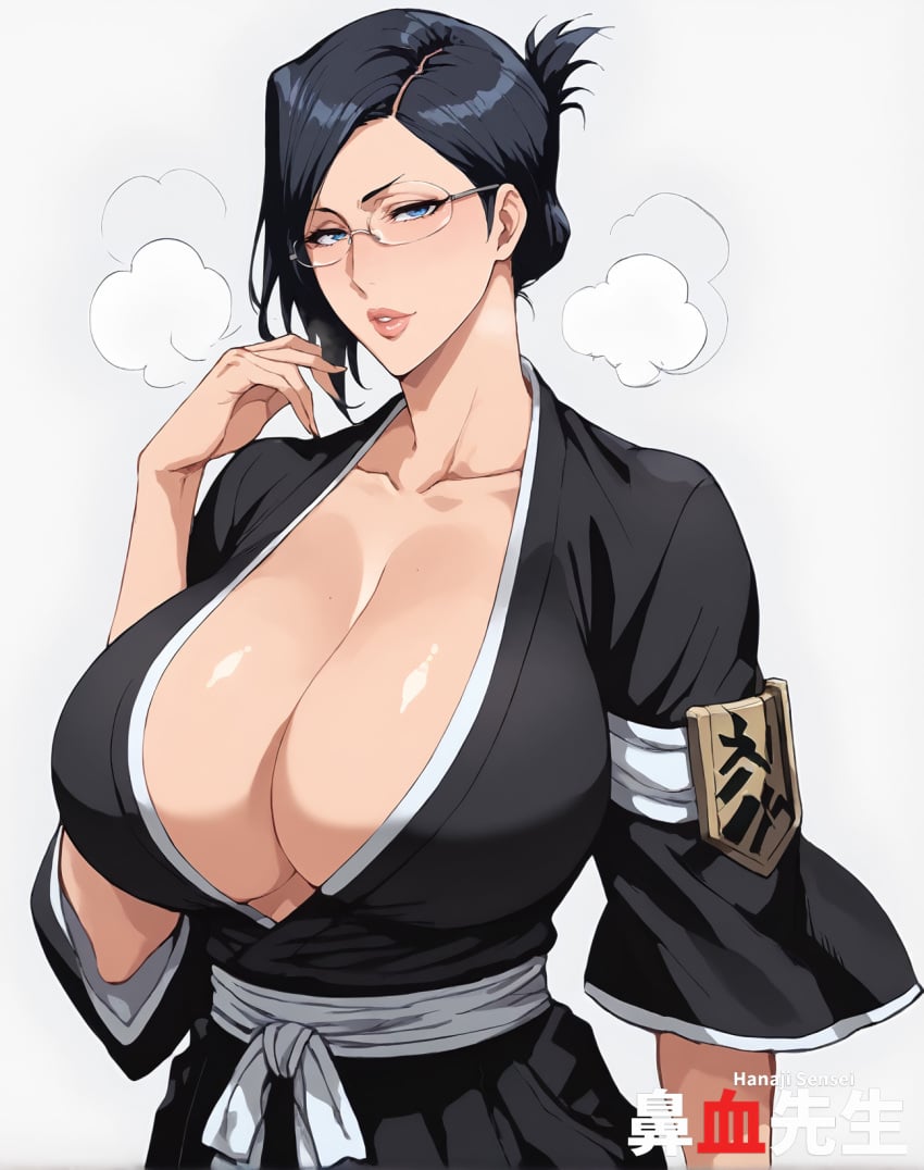 1girls ai_generated black_hair bleach bleach:_the_thousand-year_blood_war blue_eyes breasts cleavage female glasses hanajisensei huge_breasts ise_nanao mature mature_female shinigami 鼻血先生