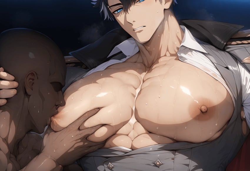 ai_generated aru_(pixiv1293902) big_pecs gay genshin_impact grabbing_pecs large_pectorals male male/male male_focus male_only muscular muscular_male nipple_play pecs pecs_grab pectorals sucking sucking_nipples wriothesley_(genshin_impact) yaoi