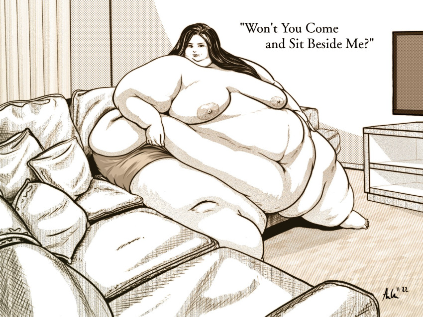 1girls bbw belly big_belly big_breasts breasts dialogue fat female morbidly_obese nipples obese overweight overweight_female ray_norr raynorrofficial sitting sofa solo ssbbw text thunder_thighs