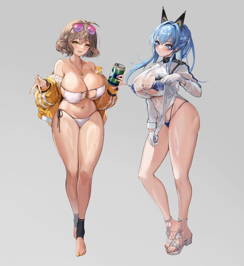 2girls absurdres anis_(nikke) anis_(sparkling_summer)_(nikke) bikini breasts can eyewear_on_head female female_focus female_only goddess_of_victory:_nikke grey_background helm_(aqua_marine)_(nikke) helm_(nikke) hido_(cherryhido) highres holding holding_can huge_breasts jacket jewelry light_brown_hair looking_at_viewer navel necklace short_hair side-tie_bikini_bottom simple_background solo standing sunglasses swimsuit tagme tagme_(character) tagme_(series) thick_thighs thighs white_bikini yellow_eyes