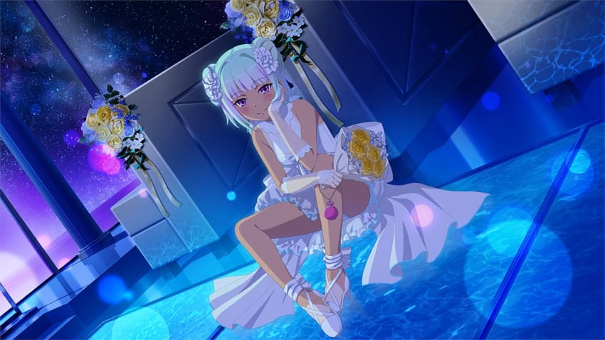 bare_legs bare_shoulders bare_thighs blush bride bride_gown brown_skin flower_bouquet gloves hand_on_cheek mouth_closed multicolored_hair official_art purple_eyes salome_(to_aru_majutsu_no_index) smile thighs to_aru_majutsu_no_index wedding_dress wedding_gloves white_shoes