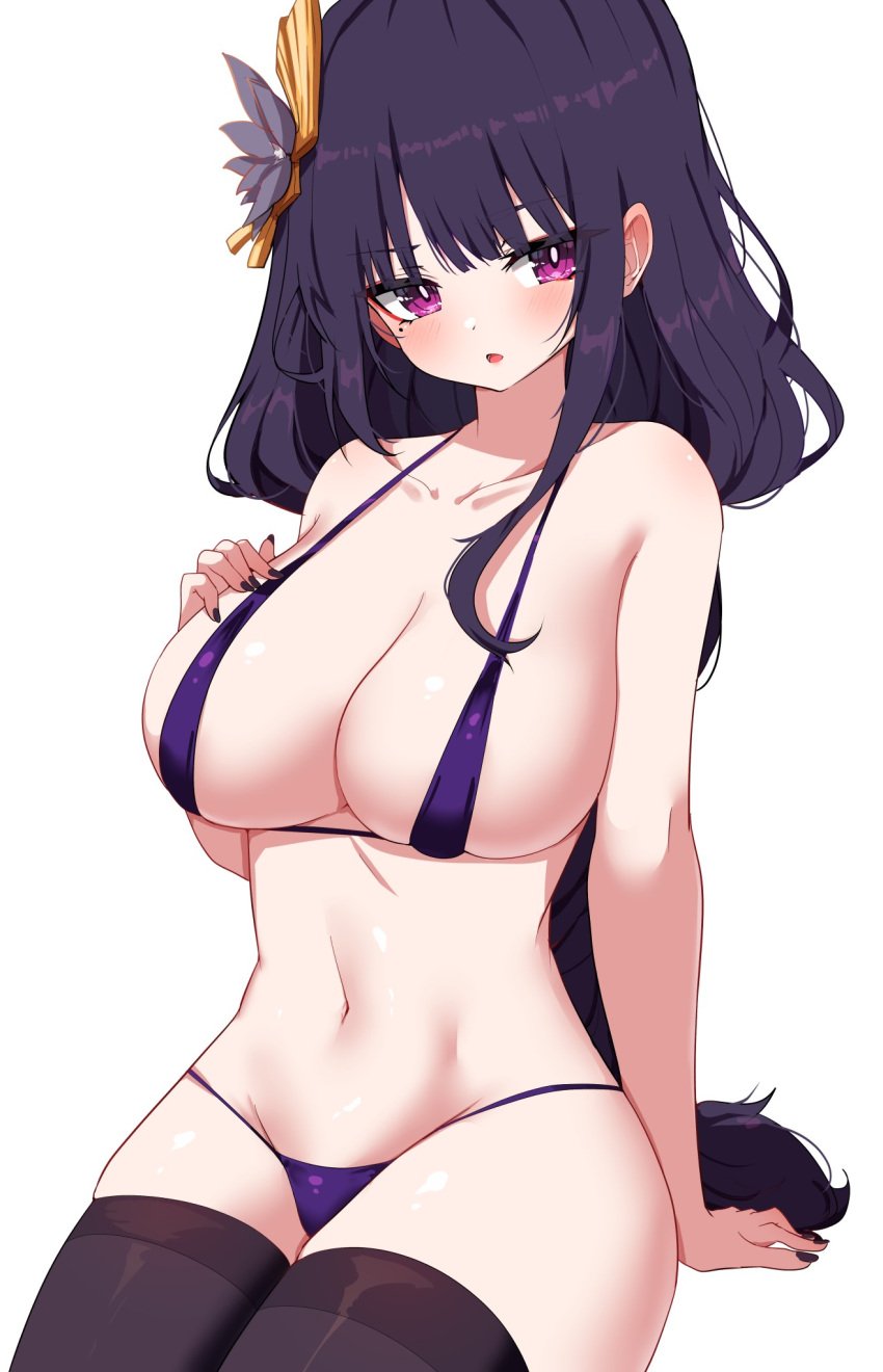 1girls 2d 2d_(artwork) belly_button big_breasts bikini bikini_bottom bikini_top black_nails black_thighhighs cleavage female female_focus female_only front_view genshin_impact high_resolution highres hourglass_figure hoyoverse huge_breasts light-skinned_female light_skin long_hair looking_at_viewer mature mature_female micro_bikini mihoyo mole mole_under_eye navel purple_bikini purple_bikini_bottom purple_bikini_top purple_eyes purple_hair raiden_shogun revealing_swimsuit simple_background solo solo_female solo_focus swimsuit thighhighs thong thong_bikini voluptuous voluptuous_female w.k white_background