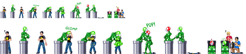 ass black_eyes black_hair breast_expansion breasts casetermk english female glasses heart mario_(series) monster_girl nintendo nipples nude piranha_plant pixel_art plant_transformation sprite_sheet text transformation transparent_background warp_pipe