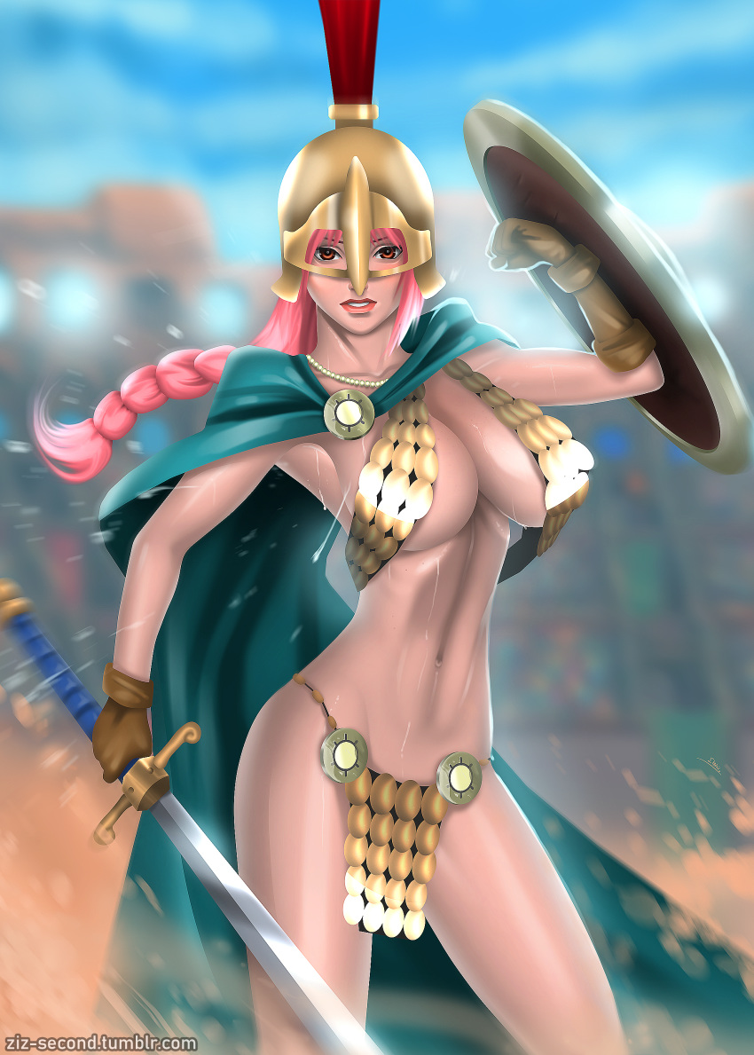 armor armpits big_breasts bikini_armor cleavage colosseum commission endlesscomics female female_only helmet one_piece pink_eyes pink_hair pinup rebecca_(one_piece) shield sword ziz_second