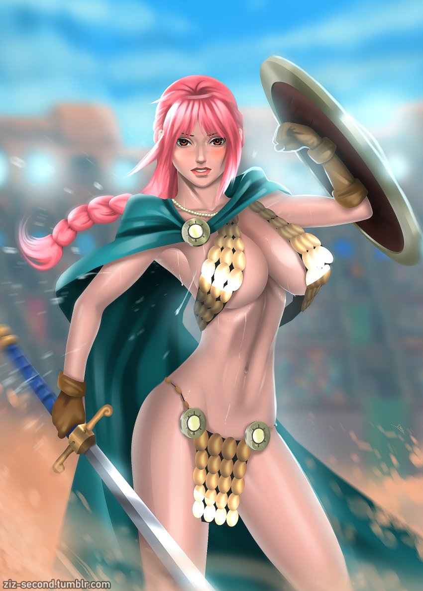 armor armpits big_breasts bikini_armor cleavage colosseum commission endlesscomics female female_only one_piece pink_eyes pink_hair pinup rebecca_(one_piece) shield sword ziz_second