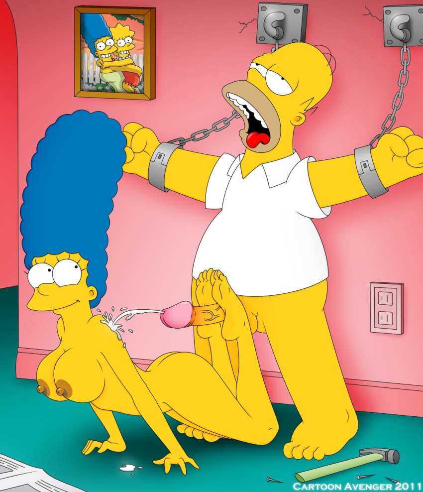 blue_hair bondage bound breasts cartoon_avenger chain color cum cum_on_body cumshot curly_hair exposed_breasts feet female femdom footjob hair hammer homer_simpson human indoors lisa_simpson long_hair male marge_simpson milf nail nude shackle smile soles straight the_simpsons toes tools yellow_body yellow_skin