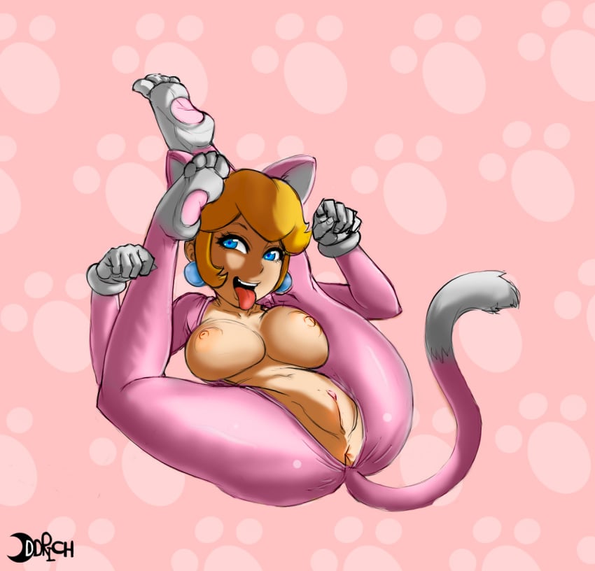 1girls ass big_breasts blonde_hair blue_eyes breasts cat cat_ears cat_peach cat_tail cats color colored crown earrings exposed_breasts female female_only gloves human legoman mario_(series) nintendo oddrich open_mouth pawprint pink_background princess_peach pussy solo spread_legs super_mario_3d_world tongue_out