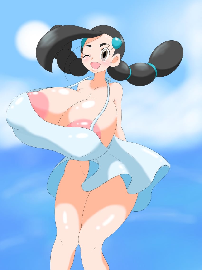 1girls alternate_breast_size areola_slip arms_behind_back big_breasts black_hair blush breasts brown_eyes candice_(pokemon) collarbone dress eyelashes female female_only gym_leader huge_breasts human human_only nintendo no_panties nuruudon ocean open_mouth outdoors pale-skinned_female pale_skin pokemon pokemon_dppt short_hair smile solo solo_female standing tagme top_heavy twintails voluptuous wink