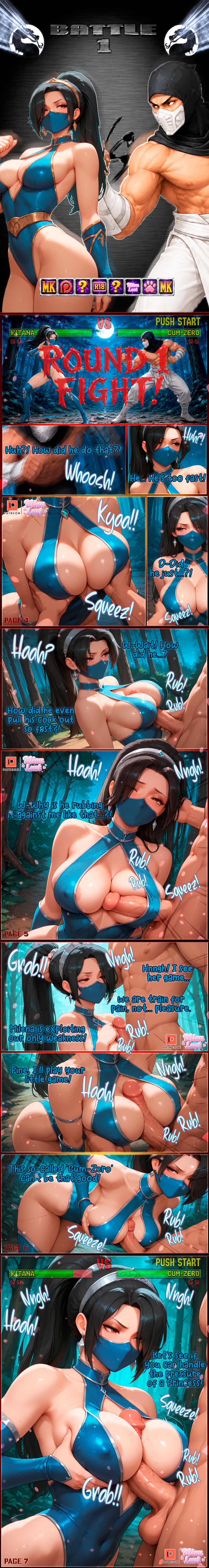 miaulust self_upload comic patreon_username patreon_logo ai_generated ai_assisted anime_style mortal_kombat kitana mask masked masked_female ninja thin_waist exposed_breasts exposed_shoulders bare_shoulders midriff medium_breasts breasts leotard shiny_clothes shiny_skin tight_clothing bodysuit latex collar choker armwear gloves long_hair ponytail game human fingerless_gloves sexy sexy_pose blush blushing defeated defeated_heroine squeezing squeezing_breast cleavage round_breasts penis penis_between_breasts paizuri rubbing_penis hair_pull boobjob breast_squeeze boob_window submissive submissive_female health_bar jiggling_breasts dialogue