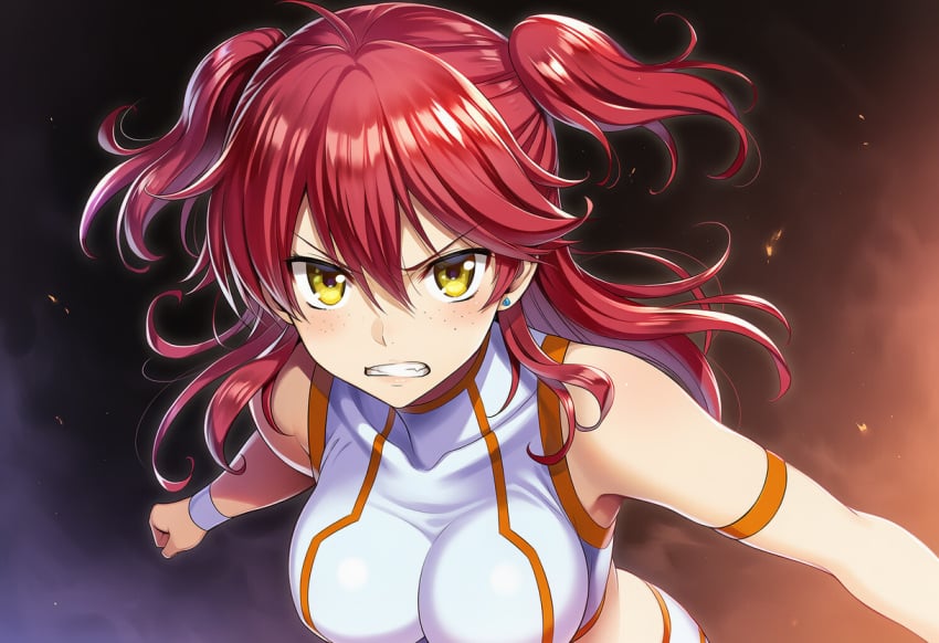 ai_generated gundam gundam_00 mobile_suit_gundam nena_trinity large_breasts 1girls red-haired_female red_hair yellow_eyes yellow-eyed_female freckles_on_face freckles ginger ginger_hair ginger_female stud_earrings villainess female_villain thigh_highs thighhighs twintails_(hairstyle) twintails over-kneehighs shorts wristband armband pale-skinned_female pale_skin