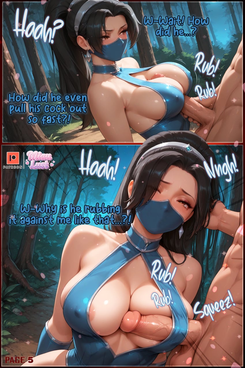 miaulust self_upload comic_page patreon_username patreon_logo ai_generated ai_assisted anime_style mortal_kombat kitana mask masked masked_female ninja thin_waist exposed_breasts exposed_shoulders bare_shoulders midriff medium_breasts breasts leotard shiny_clothes shiny_skin tight_clothing bodysuit latex collar choker armwear long_hair ponytail game human fingerless_gloves sexy sexy_pose blush blushing defeated defeated_heroine cleavage round_breasts penis penis_between_breasts paizuri rubbing_penis boobjob breast_squeeze boob_window submissive submissive_female jiggling_breasts dialogue
