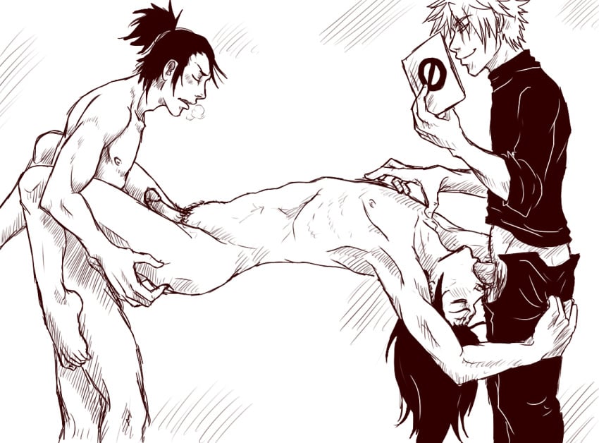 3boys anal armpits artist_request blush book clothed_on_nude fellatio gay group_sex hatake_kakashi heavy_breathing hyuuga_neji legs male monochrome multiple_boys nara_shikamaru naruto nipples nude oral panting penis pubic_hair sex smile spitroast straight_hair threesome throat_swabbing uncensored upside-down yaoi