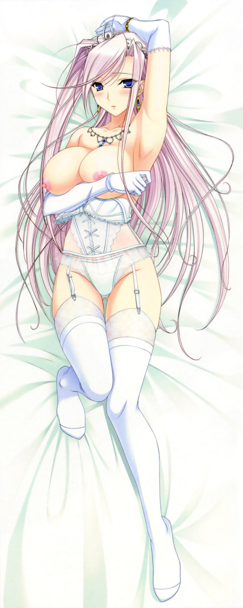 1girls armpits blue_eyes breast_hold breasts charlotte_hazellink cleavage clothing dakimakura dress female garter_belt highres komori_kei large_breasts legs long_hair lying nipples on_back panties pink_hair princess_lover solo stockings thigh_gap thighhighs