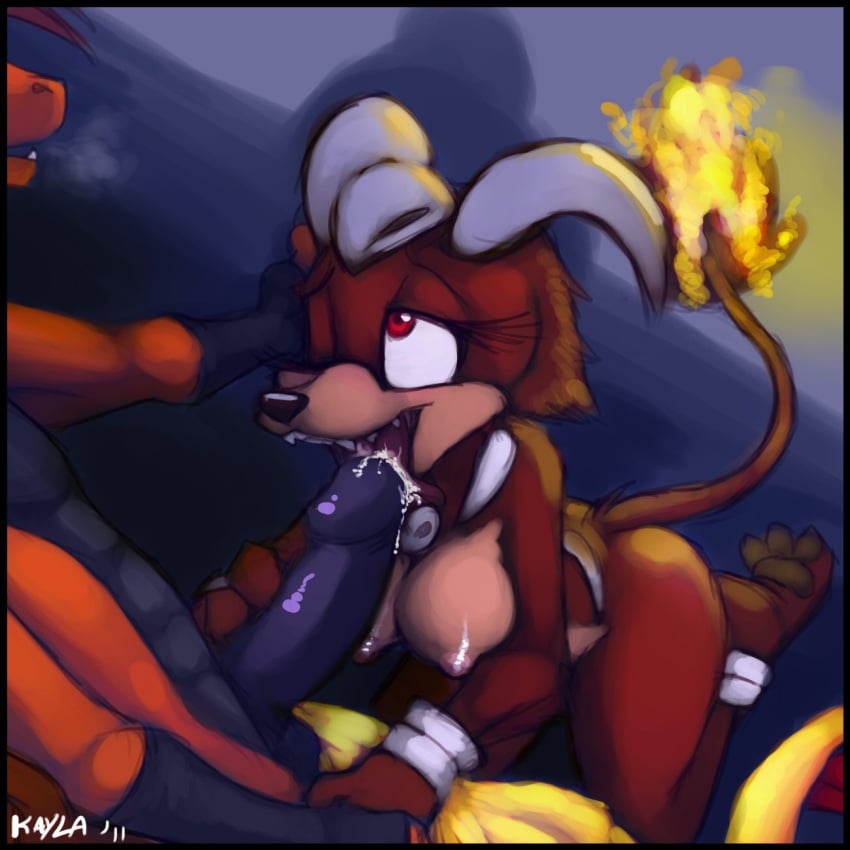 anthro breasts color cum female fire fur furry horns houndoom interspecies kneeling male mel_the_hybrid nipples nude penis pokemon red_eyes scrafty straight tagme tail tail_fire wink