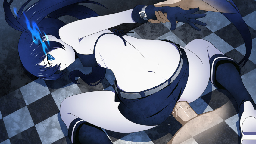 ass_cleavage back bikini_top black_gloves black_hair black_rock_shooter black_rock_shooter_(character) blue_eyes boots butt_crack clothed_sex dimples_of_venus female from_behind geworin gloves glowing glowing_eye highres knee_boots long_hair looking_at_viewer looking_back male pale_skin penis pov scar sex shorts_aside small_breasts straight tied_hair twintails uncensored uneven_twintails vaginal_penetration wrist_grab