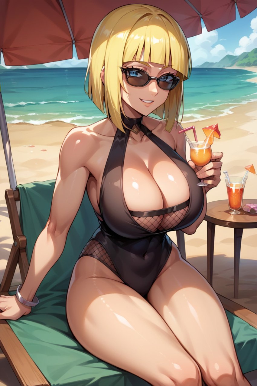 1girls ai_generated alternate_costume arm_support beach beach_umbrella big_breasts bikini blonde_hair blue_eyes blunt_bangs bob_cut breasts breasts_bigger_than_head center_opening chair child_bearing_hips cleavage drink drink_umbrella eyewear glass hanging_breasts high_resolution highleg highleg_bikini holding_object hourglass_figure juice large_breasts light-skinned_female light_skin mature mature_female mature_woman midriff milf nail_polish naruto naruto_(series) naruto_shippuden novowels official_alternate_costume on_chair one-piece_swimsuit oppai orange_juice pinup plump revealing_clothes sagging_breasts samui seaside short_hair sitting_on_chair skimpy skimpy_bikini slim_waist smile solo stable_diffusion standing straw sunglasses swimsuit thick_thighs thighs tight_bikini tight_swimsuit tinted_eyewear umbrella very_high_resolution voluptuous voluptuous_female wide_hips