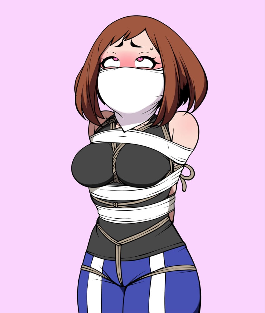 1girls ahe_gao arms_behind_back arms_tied_behind_back bondage breasts brown_hair cameltoe female_only fully_clothed gym_uniform heart-shaped_pupils jam-orbital looking_pleasured my_hero_academia ochako_uraraka orgasm rope tied