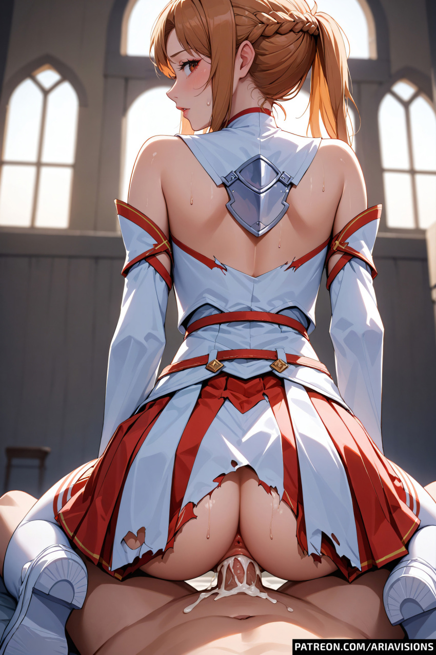 ai_generated ariavisions brown_eyes brown_hair cowgirl_position cum_in_pussy from_behind_position riding sex sword_art_online torn_clothes yuuki_asuna