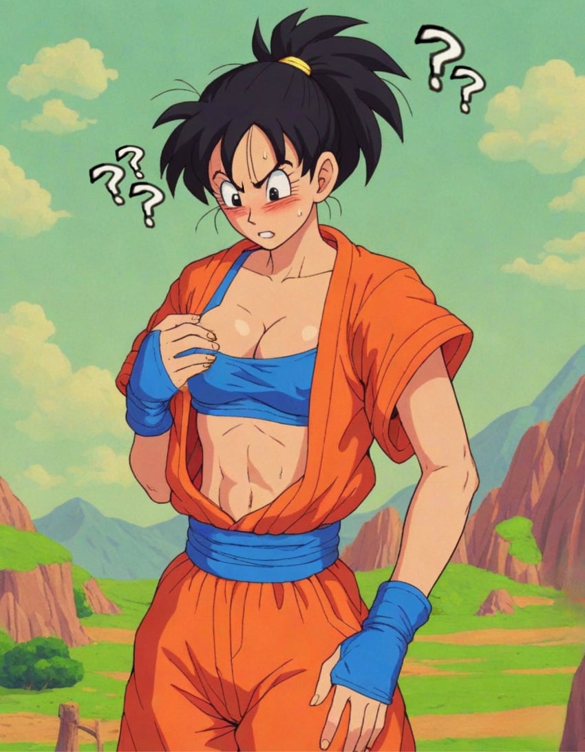 1girl 1girls ? abs ai_generated blue_bra blue_fingerless_gloves blue_gloves blue_sports_bra blue_top blue_topwear blush blushing cleavage confused_look dragon_ball dragon_ball_super dragon_ball_z female female_focus female_goku female_only female_saiyan fingerless_gloves fully_clothed genderbend genderswap_(mtf) gloves goku groping_breasts martial_arts_uniform medium_breasts muscle muscles rule_63 saiyan saiyan_girl son_goku sports_bra stomach tied_hair transformation transformed_female turtle_school_uniform upset