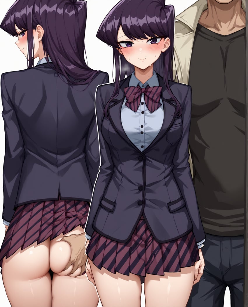 1boy 1girls ai_generated ass ass_grab blush breasts faceless_male female komi-san_wa_komyushou_desu komi_shouko long_hair looking_at_viewer netorare no_panties notreallyhere pleated_skirt purple_eyes purple_hair school_uniform size_difference skindentation skirt smile standing stealth_ass_grab sweat