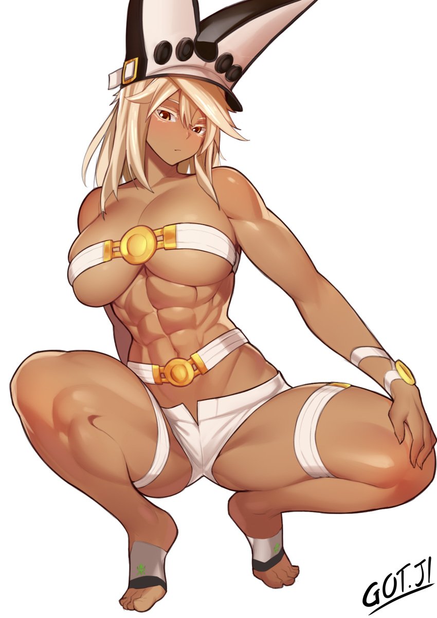 1girls abs absurd_res bare_shoulders belly belly_button big_breasts breasts cleavage clothing female female_focus female_only gojich1 guilty_gear hi_res legs_apart looking_at_viewer midriff muscular_female navel ramlethal_valentine shorts solo tan_body thin_waist