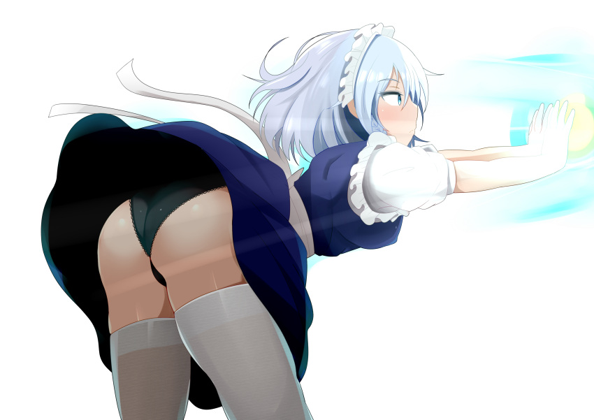 absurdres apron ass bent_over black_panties blue_eyes blue_shirt blue_skirt clothes_lift commission energy_ball female grey_hair highres izayoi_sakuya lace lace-trimmed_panties lace_trim maid maid_apron onaho_(otayoku) panties pixiv_commission puffy_short_sleeves puffy_sleeves sakuya_izayoi shirt short_sleeves skirt skirt_lift solo thighhighs touhou underwear white_thighhighs