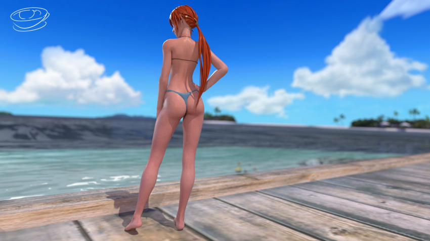 3d ass asterigos:_curse_of_the_stars back_view barefoot bikini blender hand_on_hip hilda_(asterigos) long_hair ponytail red_hair tira-misu