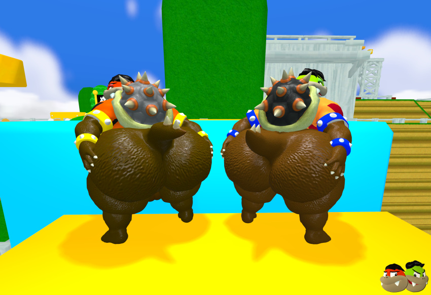 3d anthro ass big_butt bottomless bottomless_male brown_body clothed clothing digital_media_(artwork) duo hand_on_butt hi_res kane_brent_koopa kanebrentkoopa kaze_brent_koopa koopa looking_at_viewer male mario_bros metal_bracelet nintendo overweight partially_clothed rear_view reptile scalie slightly_chubby source_filmmaker_(artwork) tecbuttlovefa