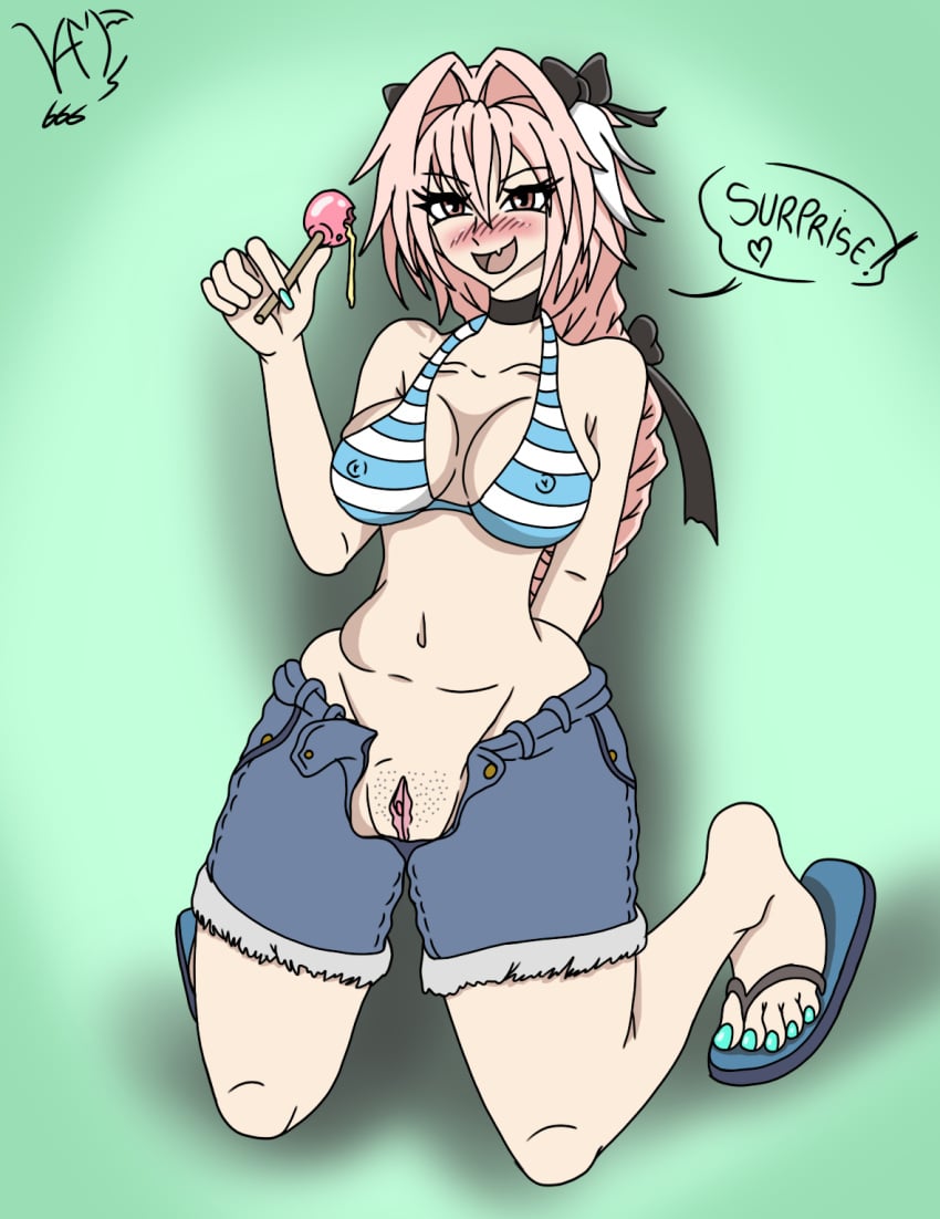 1girls astolfo_(fate) bad_anatomy barefoot bikini clitoris fate_(series) feet female genderswap_(mtf) no_panties pink_eyes pink_hair pussy rule_63 small_breasts smile vamp666s