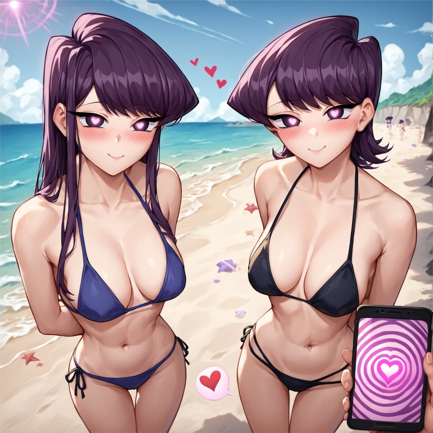 ai_generated beach bikini blush brainwashing breasts cleavage hands_behind_back heart heart-shaped_pupils holding_phone hypnosis hypnosis_app komi-san_wa_komyushou_desu komi_shouko komi_shuuko long_hair looking_at_viewer milf mind_control mother_and_daughter navel notreallyhere phone pov purple_eyes purple_hair short_hair side-tie_bikini smile thigh_gap